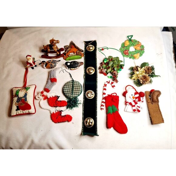 Vintage Christmas Ornaments Set Of 18 With Santa Bells Stockings & Wooden Decora - Picture 1 of 10